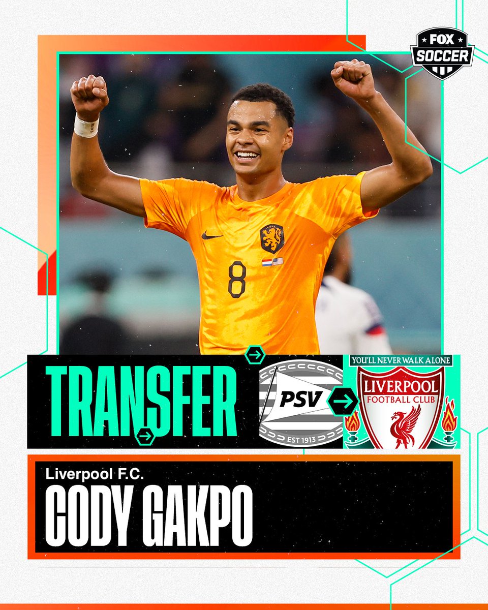 FOXSoccer's tweet photo. 🚨 @PSV and @LFC have reached an agreement on the proposed transfer of the 23-year-old attacker Cody Gakpo! 🇳🇱

Liverpool will pay £37m plus add-ons, up to £50m potential package, per @FabrizioRomano https://t.co/KjvWuSUFD1