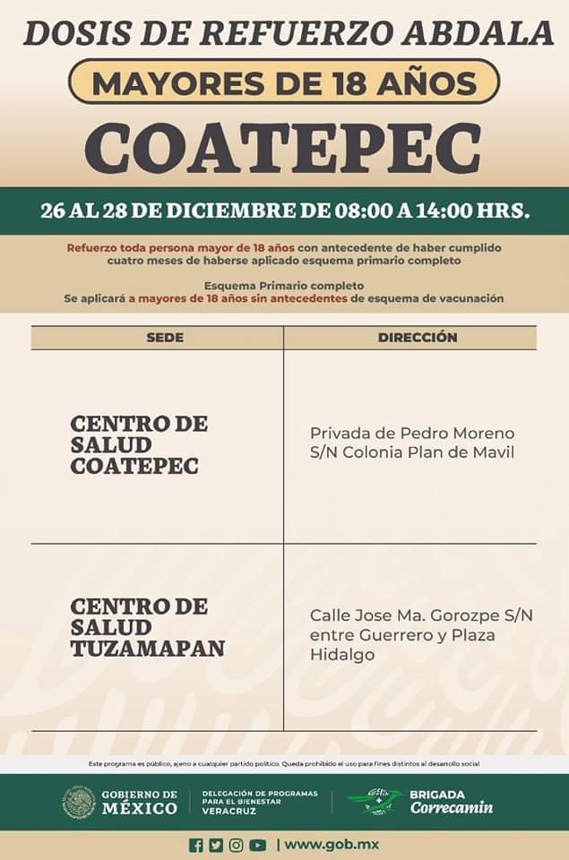 En #Coatepec del 26 al 28 de diciembre se aplicará  dosis del Plan Nación de Vacunación de prevención contra COVID-19 de la temporada invernal en el centro de salud de Coatepec y en el centro de salud de Tuzamapan en horario de 8 a 14 hrs.
