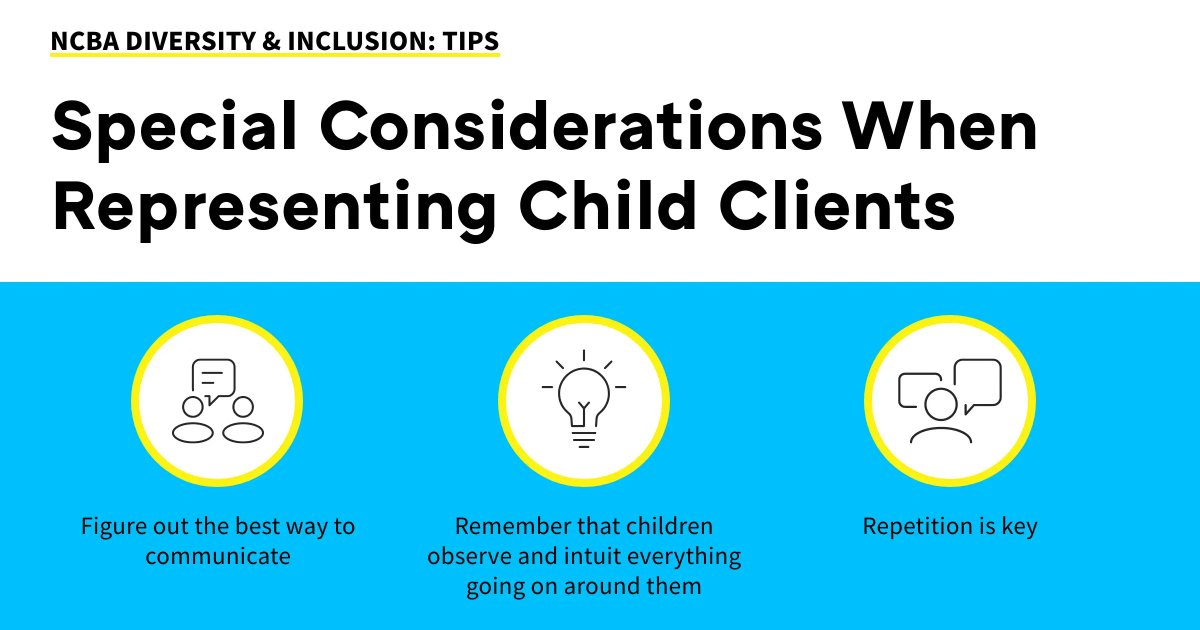 NCBAorg's tweet image. Establishing trusting relationships with clients is vital. However, when the client is a minor, additional considerations come into play. Read tips on representing child clients from Megan Reilly-Dreas and Niya Fonville on the #NCBarBlog: buff.ly/3c4DjK0.