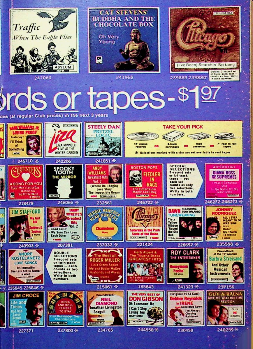PonchRama's tweet photo. Dec '74 - A few thoughts on this Columbia House ad. 20th anniversary? They started the record club in '54? And most of us remember the 8 tracks/ tapes/ records, but did you know they sold all of these as reel-to-reels as well? #TVGuide #OTD #1970sTV #1970s https://t.co/gA0frSocWd