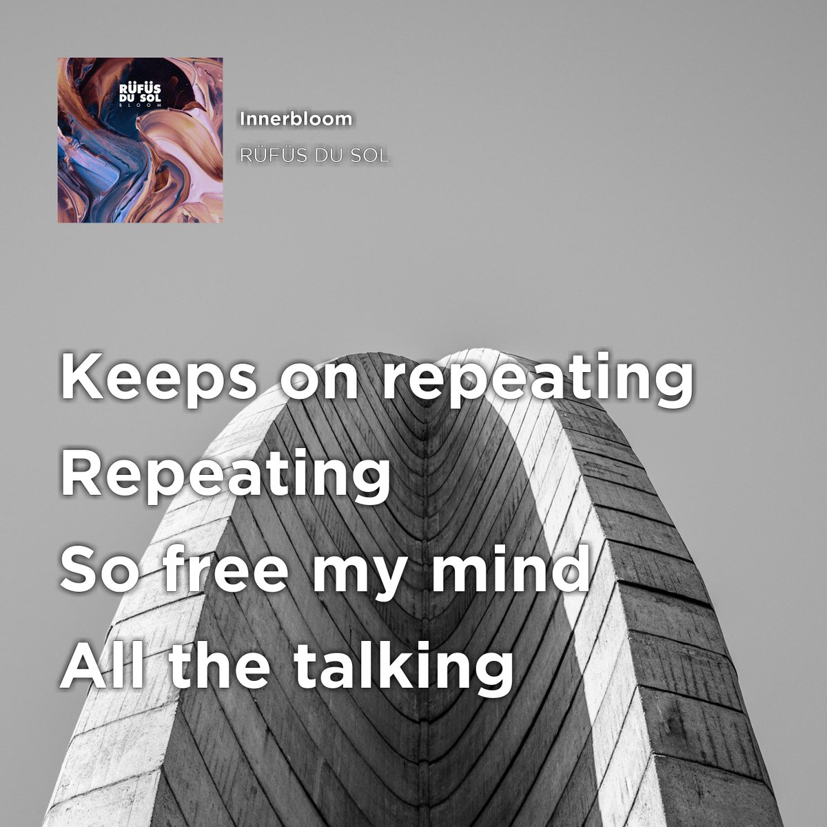 SpotySoul's tweet image. Innerbloom
RÜFÜS DU SOL
#Innerbloom #RÜFÜSDUSOL #lyricspics #songquote #songlyrics