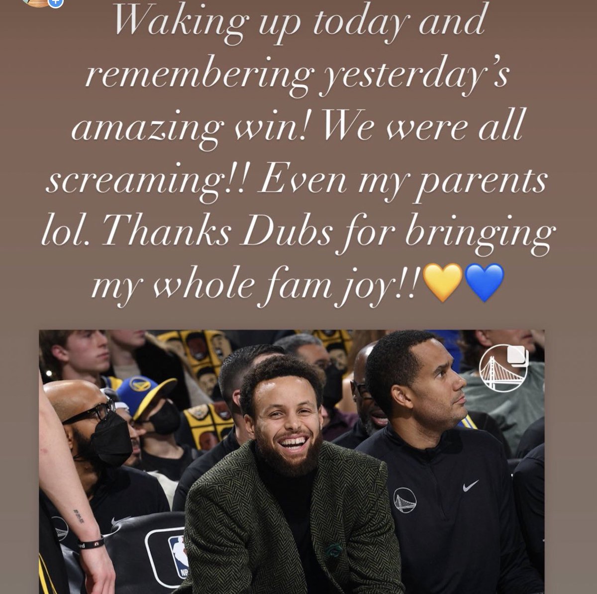 thepantrydiva's tweet photo. Love you @warriors @StephenCurry30 💛💙 great game! https://t.co/Dgx3Xpc32A