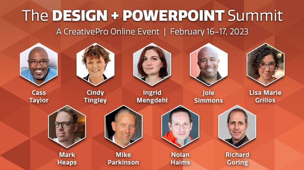 Truly honored to be in such esteemed company for the 2023 Design+ PowerPoint Summit! Join us for an incredible lineup of presentation excellence: creativepro.com/design-powerpo… @CreativePro_com 𝗦𝗔𝗩𝗘 $𝟭𝟬𝟬! 𝗨𝘀𝗲 𝗖𝗼𝗱𝗲: 𝗝𝗢𝗜𝗡𝗨𝗦 #PowerPoint #PresentationSkills