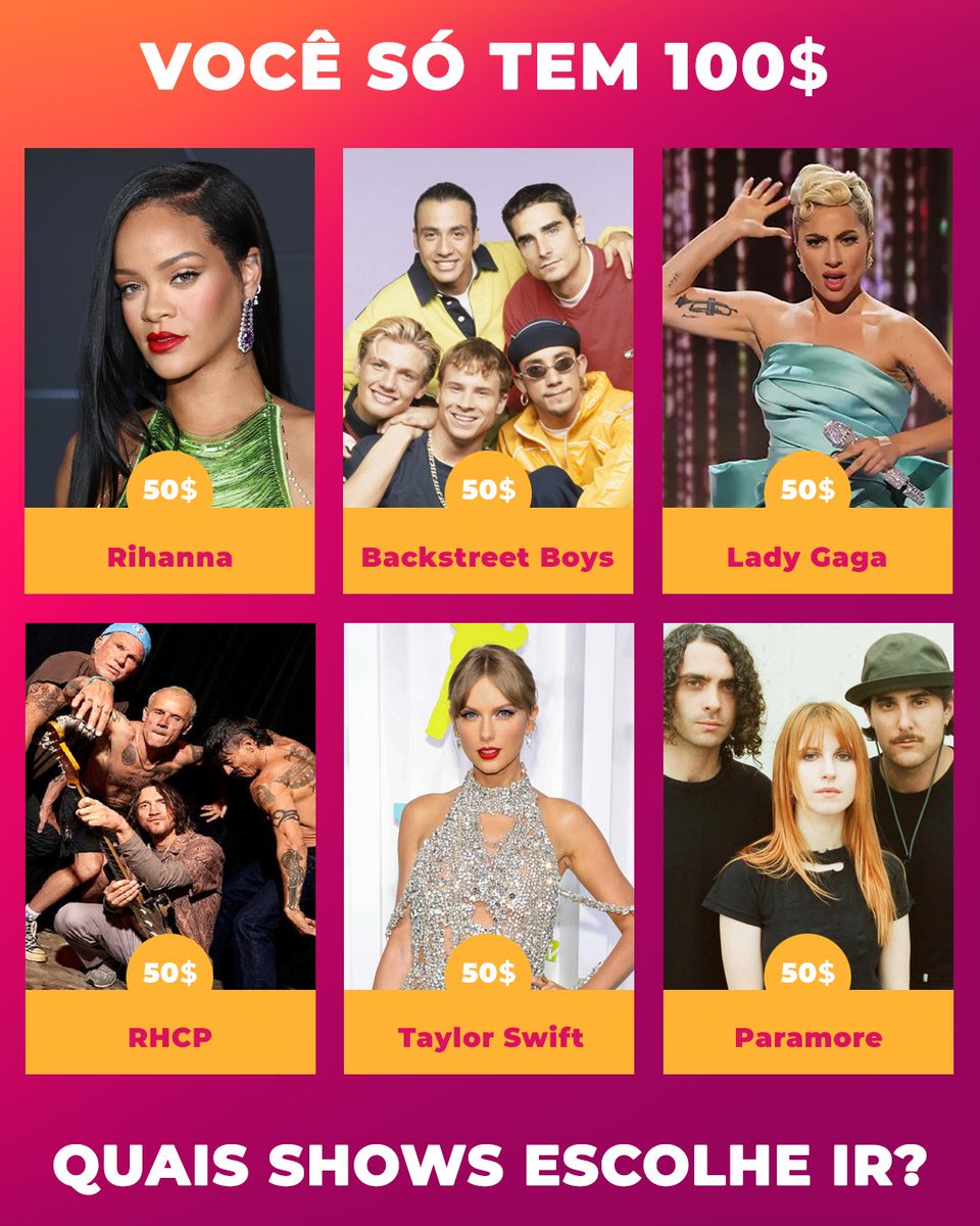 radiomixfm's tweet photo. Imagina só: você tem 100$ e só pode escolher 2 shows para assistir?
Quais você escolhe: #Rihanna, #BackstreetBoys, #LadyGaga, #RedHotChiliPeppers, #taylorsworld ou #Paramore? https://t.co/YLbRYIUoHj