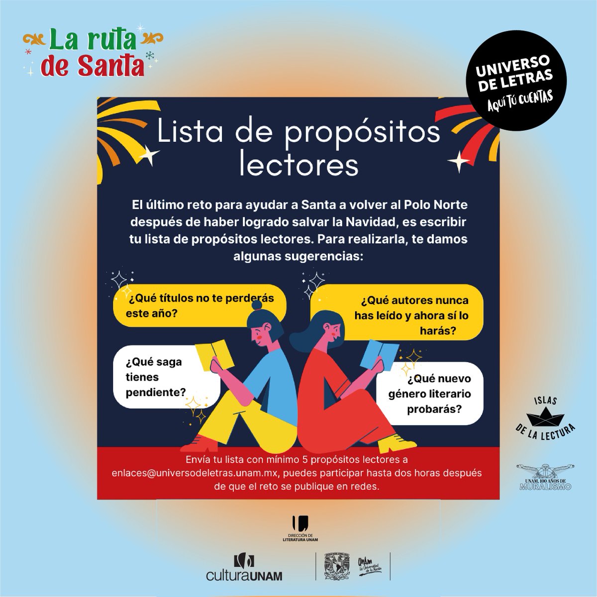 universoUNAM's tweet photo. LISTA DE PROPÓSITOS LECTORES
#Reto8 #RutaDeSanta🎅
La Navidad terminó, pero el próximo año nos aguarda con muchas historias. Para ayudar a Santa a desbloquear el último punto de su mapa, te pedimos que escribas tu lista de propósitos lectores para el 2023. https://t.co/krI6P1T00g