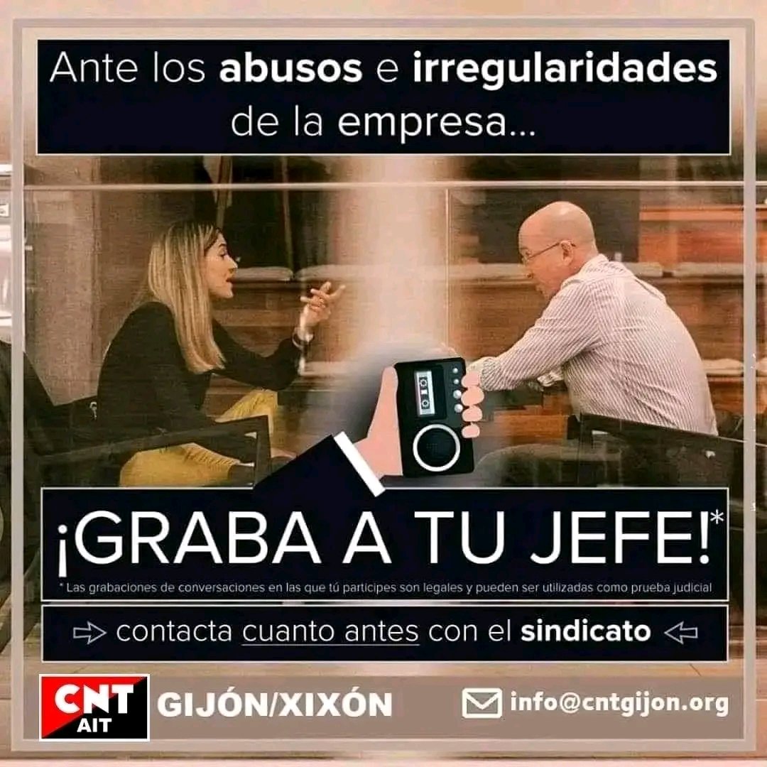 AitGijon's tweet photo. Grabar conversaciones con tus jefes o superiores ES TOTALMENTE LEGAL!
Dos requisitos:

1⃣ Que tú seas parte de la conversación 
2⃣ Que no se hable de cuestiones personales
➡️Muchos juicios se ganan grabando: las empresas mienten mucho a los jueces.

#TuSindicato 
#CNT #AIT #Gijón https://t.co/Yj5bS3vxvX