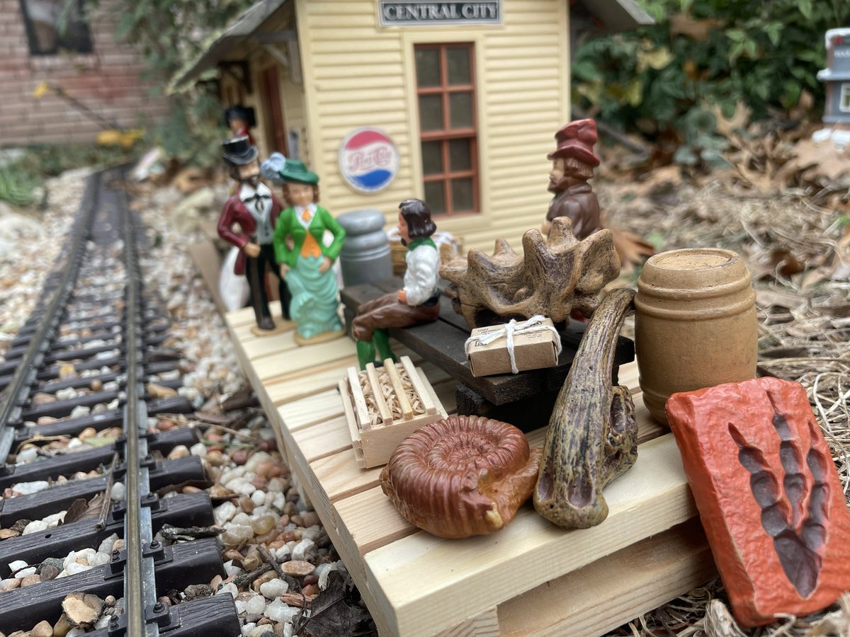 dinodadreviews's tweet photo. A pair of paleontologists regale a curious couple with fieldwork tales while they await the train to carry their fossil spoils back to the big city. Fossils by @SafariLtd #gardenrailroad #lgbtrains #modeltrains #modelrailroad #uintatherium #yuntabeest #parasaurolophus #ammonite https://t.co/3sOhp8tpvA