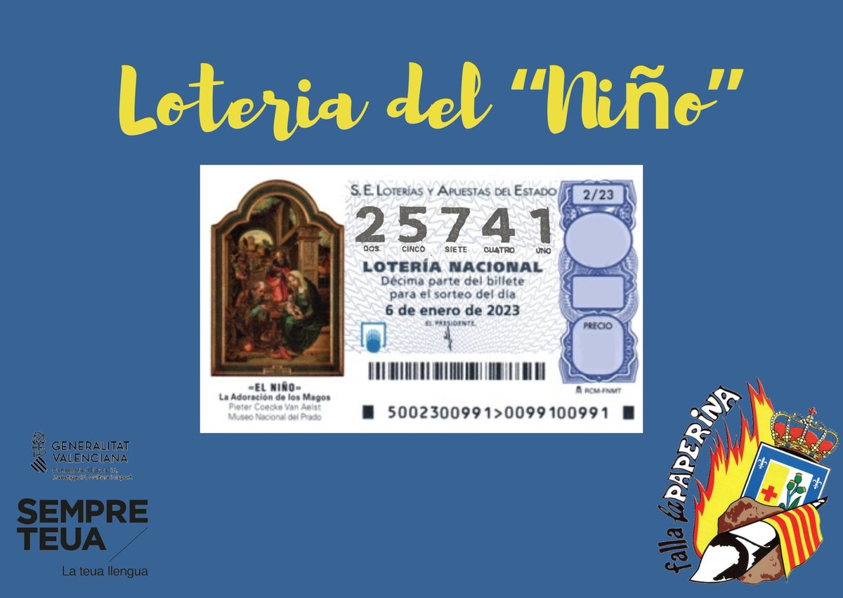 fallaLaPaperina's tweet photo. Us avisem de qué ja disposem de loteria del niño de La Paperina 🎄. 

I si cau a la falla? 💶

Per a adquirir-la podeu vindre el dia 29 de desembre a les 19h al casal de la falla. Prèviament, contacteu amb Mónica Beltrán o qualsevol membre de la comissió 🙌🏼😉. https://t.co/KVJChXPmmg