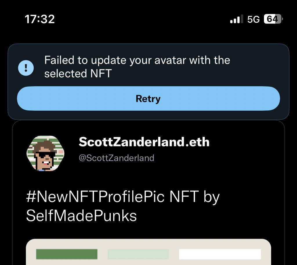 ScottZanderland's tweet photo. @woodificould02 @yaypegs Did you had issues uploading it? I always get: “Failed to update your avatar with the selected NFT”. https://t.co/6nJRmoAR9d