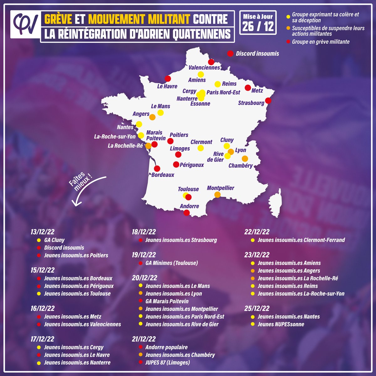 🔴 #GrèveMilitante - 26/12

Depuis bientôt deux semaines, des groupes militants de la FI appellent à l'exclusion d'<a href="/AQuatennens/">Adrien Quatennens</a> du groupe parlementaire.

Il faut maintenant agir et ouvrir la porte au dialogue avec les militants mobilisés !

Restons unis ! ✊
#FaitesMieux
