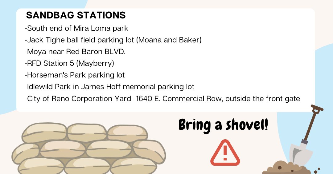 Due to predicted inclement weather, if needed, sandbags are available at:

-Mira Loma park
-Moana and Baker
-Moya near Red Baron BLVD.
-RFD Station 5 
-Horseman's Park
-Idlewild Park
-City of Reno Corp. Yard (1640 E. Comm. Row) 

Bring a shovel!