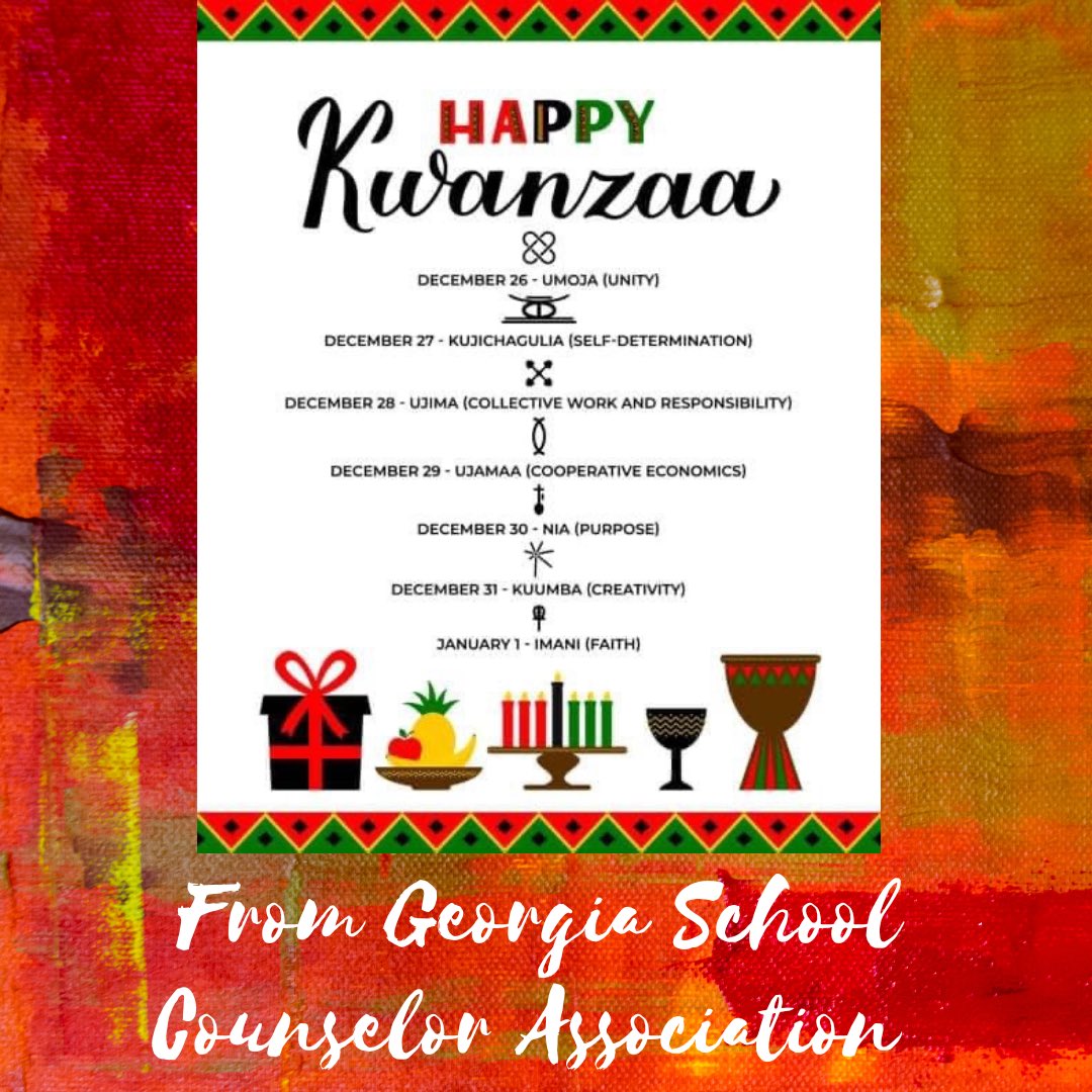 The Georgia School Counselor Association would like to wish a Happy Kwanzaa to all those who celebrate! 

#gaschoolcounselors #gsca #engage #exchange #elevate #empower #equity  #HappyKwanzaa