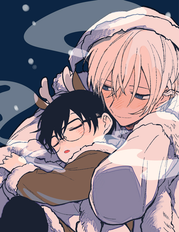 2boys multiple boys male focus glasses black hair closed eyes sleeping  illustration images