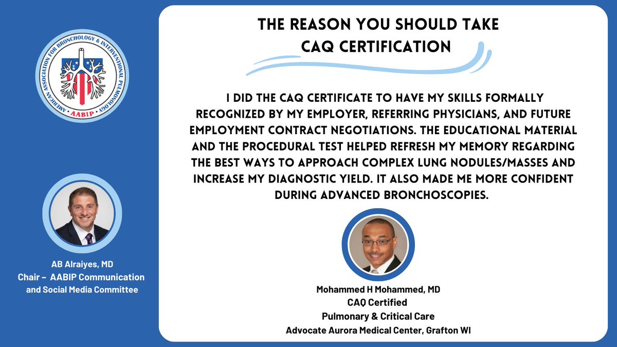 The reason you should take the CAQ Certification.

Dr. Mohammed H Mohammed, Advanced Diagnostic Bronchosocpist at Advocate Aurora Health.  Sharing with us his experience with CAQ certification. 

Apply today!
👇👇👇👇👇👇👇
aabronchology.org/caq-kat-and-pa…