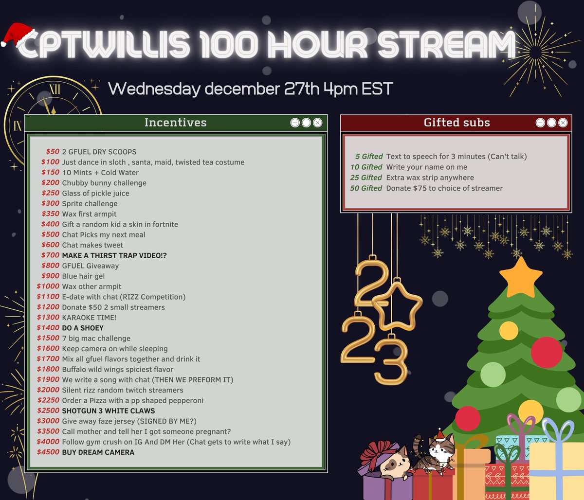 Tomorrow we start a 100 hour stream that will go on until January 1st.

This year has been so remarkable that I can’t wait to spend every last minute experiencing it with you all. 

Let’s have some fun. 😈🎆