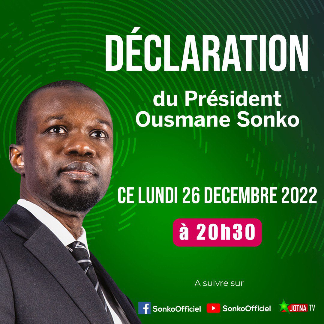 SonkoOfficiel's tweet photo. Chers compatriotes,
Nous vous donnons rendez-vous ce soir à partir de 20h30 pour une déclaration.

Mbokk yi,
Maa ngi leen di jox dig-daje tay ci guddi bu 20:30w jotee.
#focus2024
#nemmeekutuur
#Senegal
#FreeSenegal https://t.co/x0IYVlZ5Nx