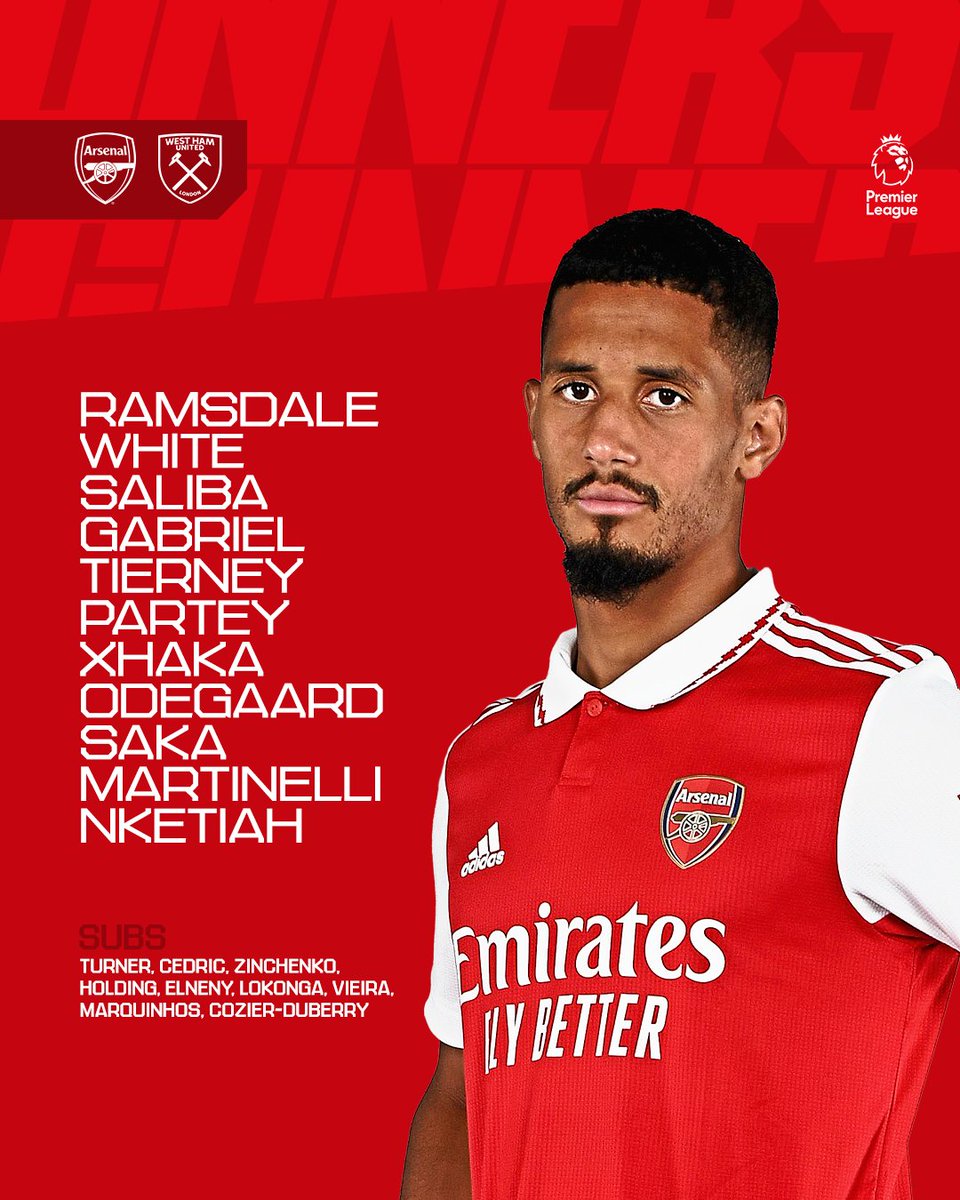 Arsenal's tweet photo. Introducing our starting XI…

🇫🇷 William Saliba starts 
🏴󠁧󠁢󠁳󠁣󠁴󠁿 @Kierantierney1 at left back 
🏴󠁧󠁢󠁥󠁮󠁧󠁿 @EddieNketiah9 in attack 

COME ON YOU GUNNERS! ✊ https://t.co/KpytsFQ9wF