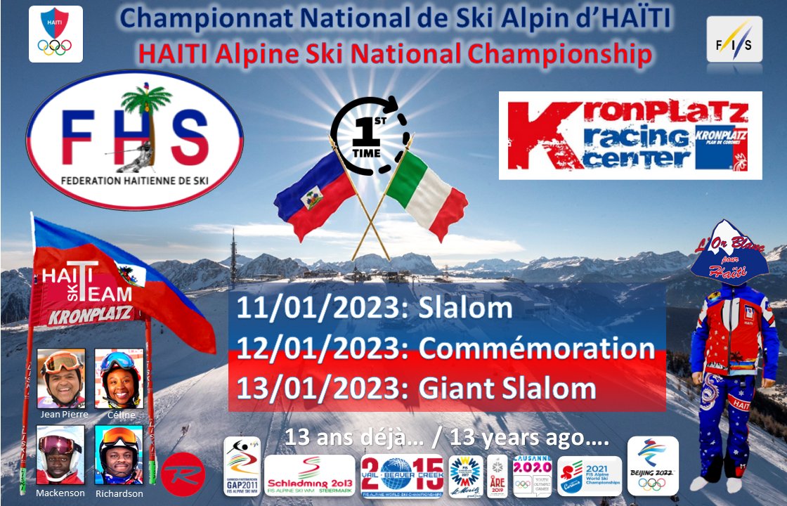 HaitiSki's tweet photo. Pour la première fois, la Fédération Haïtienne de Ski (#haitiski) organise le Championnat National de Ski Alpin d'Haïti à #KRONPLATZ (Italie) les 11 et 13 janvier 2023, une course FIS de haut niveau préparée en collaboration avec #kronplatzracingcenter.
https://t.co/g7SVi4ex8A https://t.co/fhYcnvF3Xa