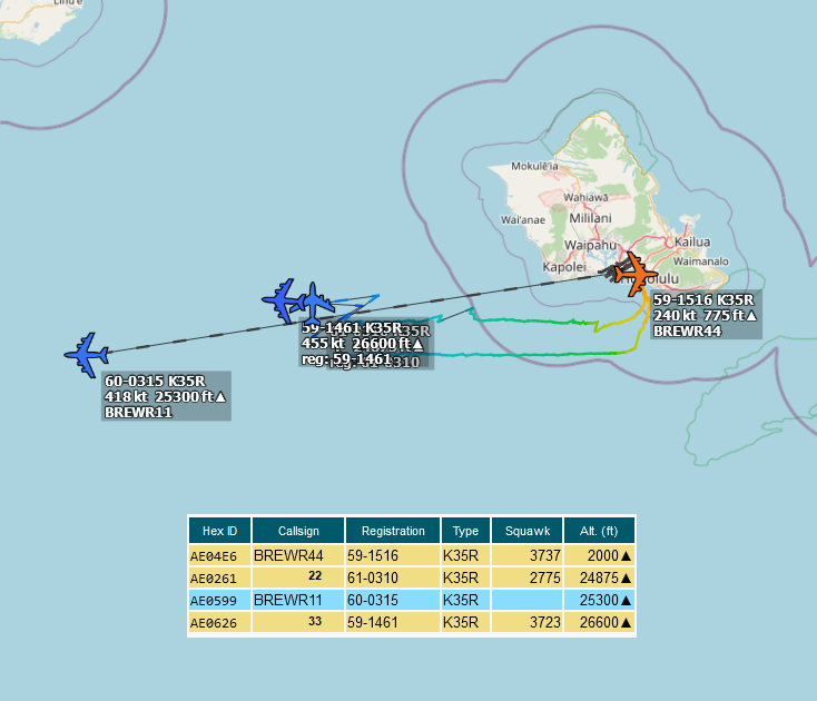 SirListenalot's tweet photo. Yesterday four #KC135's #AE0599 #AE0261 #AE0626 #AE04E6 as #BREWR11 22 33 44 departed Milwaukee for Honolulu. Now they are on their way to Andersen, Guam https://t.co/3MtbEkWDei