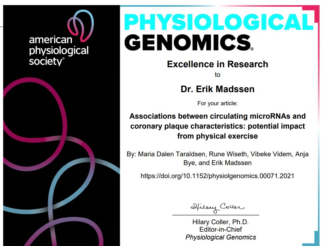 PhysiologicalG's tweet photo. Congrats to Erik Madssen et al. for receiving #PhysiologicalG's Excellence in Research award for their research- Associations between circulating #microRNAs &amp; coronary plaque characteristics: potential impact from physical exercise
https://t.co/VCX0EKYB9G
@CERG_NTNU @mariadata https://t.co/1VPFPbupnK
