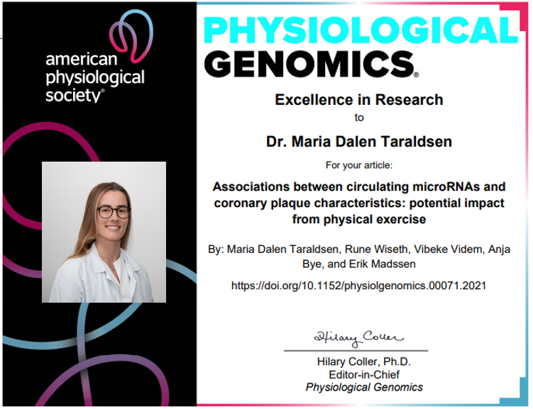 Congrats to Erik Madssen et al. for receiving #PhysiologicalG's Excellence in Research award for their research- Associations between circulating #microRNAs &amp; coronary plaque characteristics: potential impact from physical exercise
ow.ly/AoWE50MbxII
<a href="/CERG_NTNU/">CERG</a> <a href="/mariadata/">Maria Taraldsen</a>