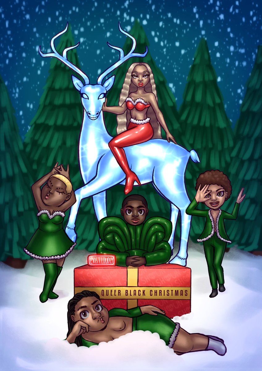 got commissioned to design the Christmas card for <a href="/ExistLoudlyUK/">ExistLoudly</a>’s #QueerBlackChristmas this year and i love how it turned out, Merry Christmas yall🎅🏾🎄✨