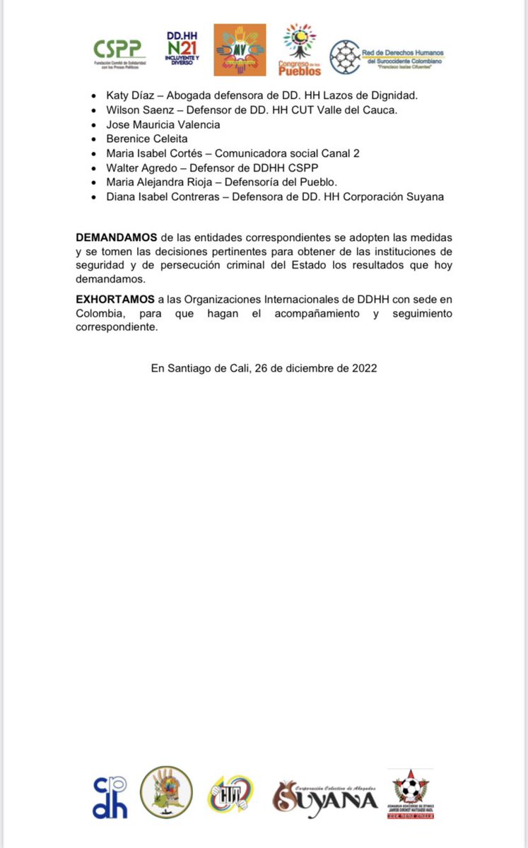 #Alerta 
Nos unimos a las voces de rechazo por las amenazas de las que están siendo víctimas la @CSPP_  <a href="/Nomadesc/">Asociación Nomadesc</a> y líderes sociales del #ValleDelCauca.
#Urgente