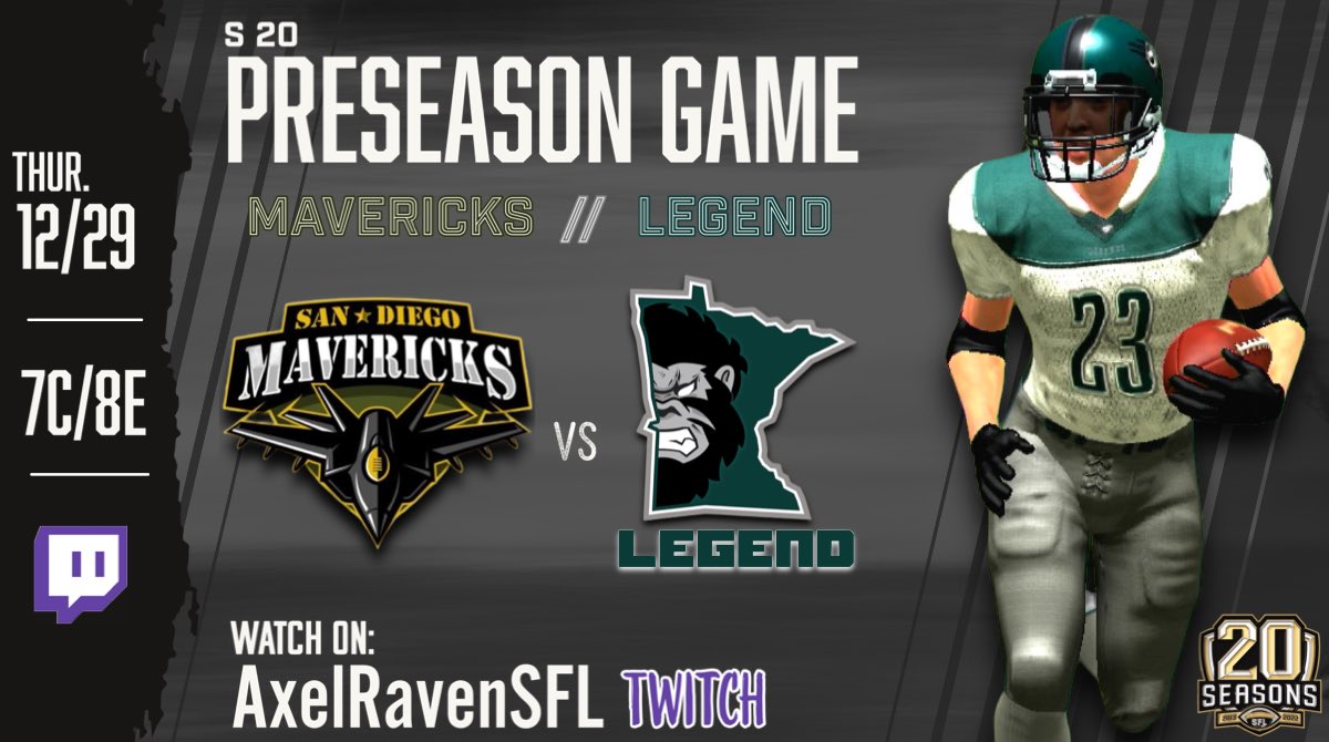 We truly hope everyone had a safe,  warm and merry Christmas!

With out further ado, we’d like to announce our first preseason game. We will take on the new look Mavericks this Thursday at 8e on twitch! <a href="/simulationfl/">Simulation Football League</a> <a href="/SFL_Mavericks/">San Diego Mavericks</a> #S20 #Believe 

📺 twitch.tv/axelravensfl