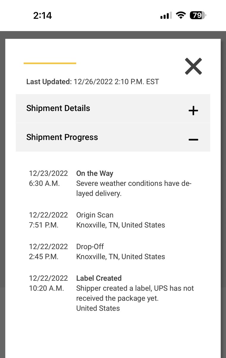 jmg0523's tweet photo. @UPS my package was supposed to be delivered 12/24. I understand weather impacted issues but nothing has been updated and I’d just like to let a family member know when they can expect their Christmas present. https://t.co/cSHvbJEvZS