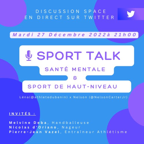 NelsonCarterJr's tweet photo. 🎙. #Sportalk : Demain 27 décembre à 21H avec @AthleteDuBenin, on discute santé mentale et sport de haut-niveau avec @NicolasDOriano (🏊♂️), @pjvazel (🏃♂️) et Melvine Deba (🤾♀️) https://t.co/OWQhEiVhNg