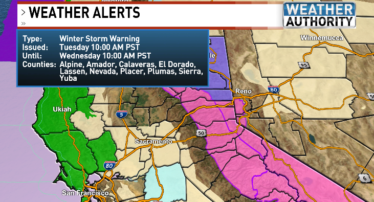 ⚠️WINTER STORM WARNING: PINK ⚠️

WHEN: MON 10pm - TUES 10pm

WHERE: Counties highlighted below 

WHY: Heavy snow expected. Total snow accumulations of 4-10 in, except 1-2 ft above 7500 ft. Wind gusts around 50 mph with gusts up to 100 mph along the Sierra ridgetops.
@KRNV