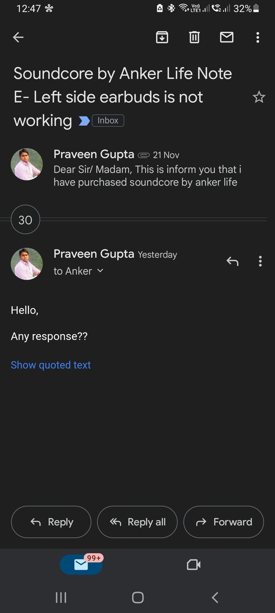 praveengupta007's tweet photo. @SoundcoreIndia I have lodge a comlaint about my earbuds by mail but no response from soundcore.
i have mailed 30 times but no solution.I suggest not to buy the product from soundcore.I have tried many times customer care but still today didn't connect with them. Fraud company. https://t.co/kFs4uKEsgA