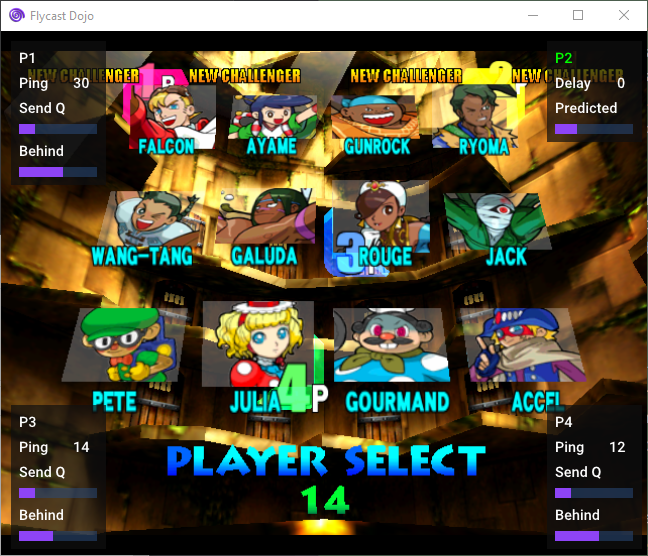 Power Stone 2 character select screen with network diagnostic information for each player.