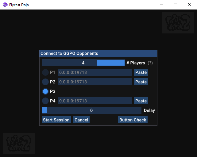 2+ Players Join Game screen. Allows active player selection with Direct IP input for each player.