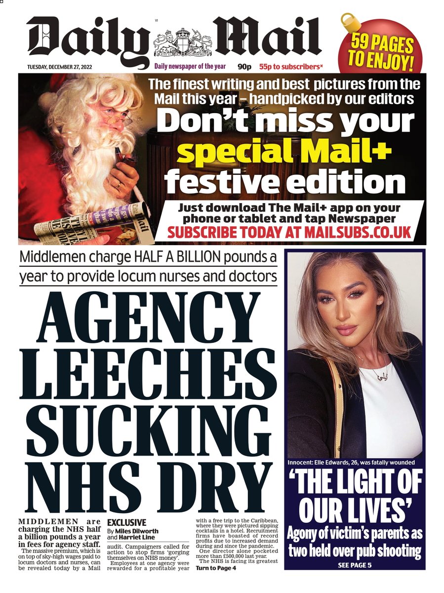 Tuesday's Mail: Agency Leeches Sucking NHS Dry #TomorrowsPapersToday #DailyMail #Mail