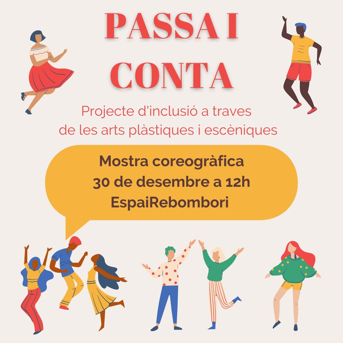 ProsaElasticaAC's tweet image. 📣 Esteu convidats i convidades a la mostra coreogràfica que farem el proper 30 de desembre a les 12h en @EspaiRebombori 

Vingau a conéixer projecte d&apos;inclusió &apos;Passa i conta&apos; #passaiconta #prosaelastica #dansateràpia
