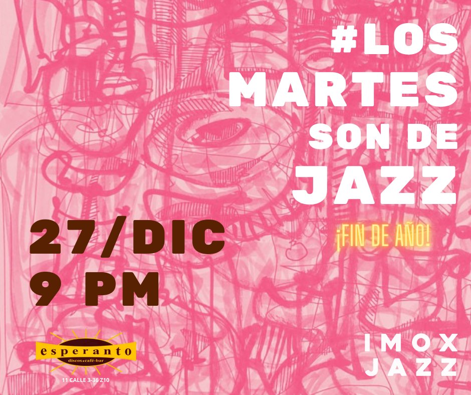Acompáñennos a celebrar el fin de año en este Jam Session extraordinario de #LosMartesSonDeJazz en <a href="/Bar_Esperanto/">Café Bar Esperanto</a> mañana 27/12 a las 9pm.  
Además será nuestra despedida antes de nuestra gira a Orlando Florida a la Conferencia Anual del <a href="/JazzEdNet/">JazzEducationNetwork</a>