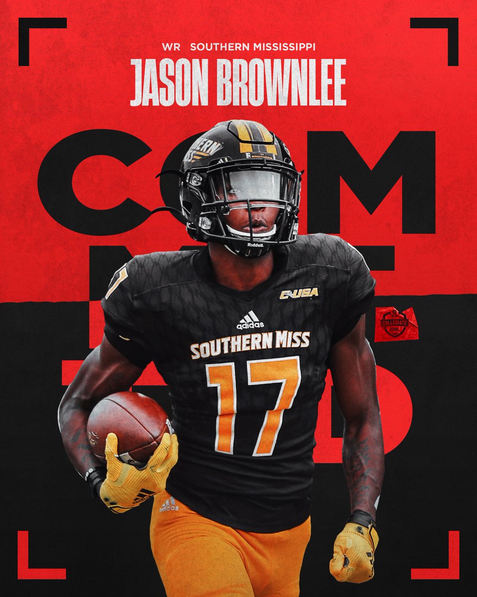NFLPABowl's tweet photo. Ready to put on a SHOW 🎥 @Slideweezy

The Conerly Trophy finalist joins us in Pasadena at the 2023 Collegiate Bowl. Brownlee led @SouthernMissFB in catches (52), receiving yards (819) and touchdown catches (7) 🔥

Welcome, Jason 🤝 
  
#NFLPABowl | #Path2Pasadena | #SMTTT https://t.co/GyNC3l2JYX