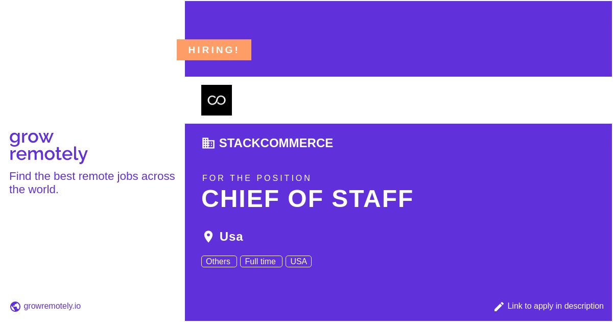 growremotelyio's tweet image. Check out this job at StackCommerce for the position Chief of Staff.

 Apply link: growremotely.io/?id=63a8e70746…

#hiring #remotejobs #StackCommerce #Others