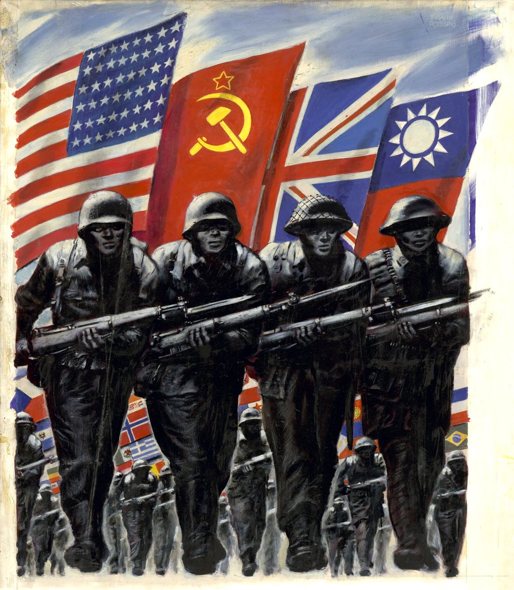 propagandopolis's tweet photo. American poster from the Second World War (1943) showing American, Soviet, British and Chinese soldiers marching forward with soldiers of the United Nations behind. Artwork by Frank Robbins. https://t.co/3gYrbWPg2m