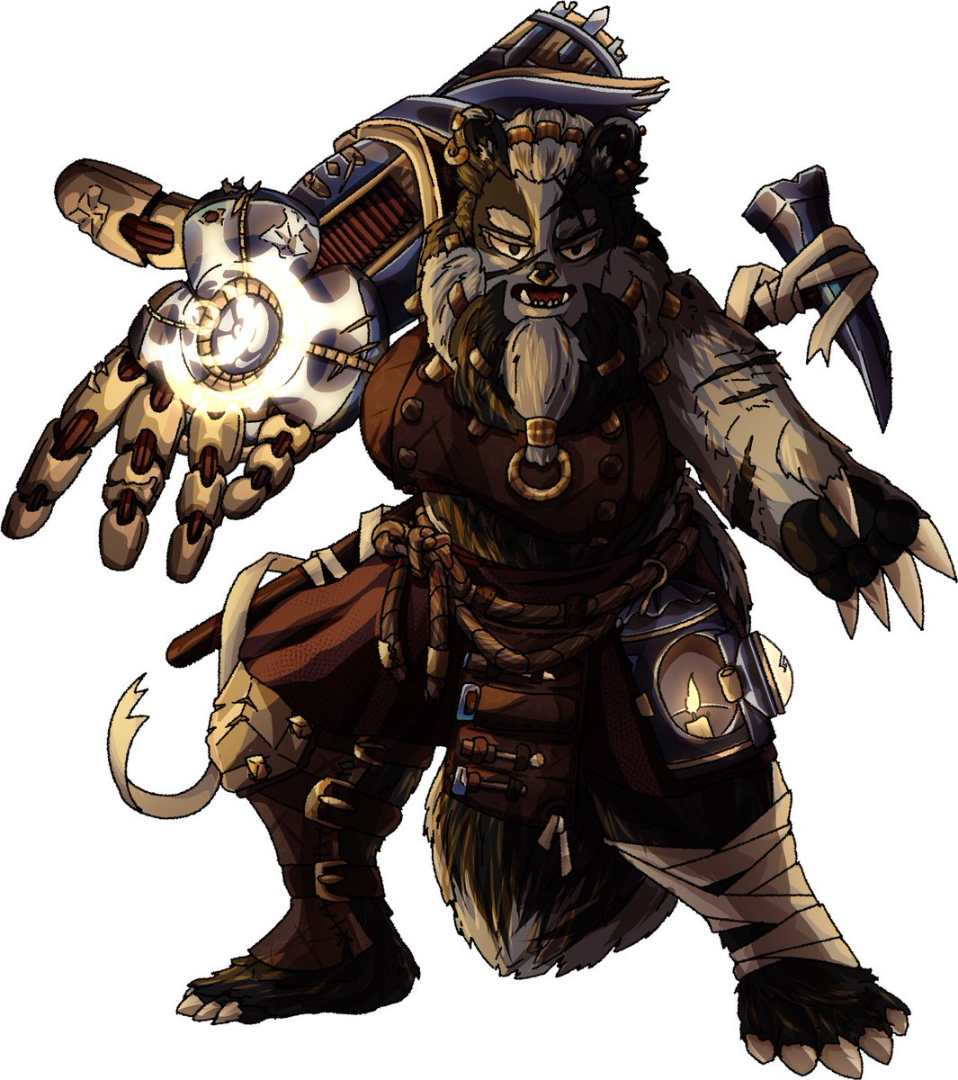 Ten_Gallons's tweet photo. Vitra Stone, a mutelid (badgerfolk) pc of mine! She's using two homebrew subclasses I made, peep em below: 

Divine Domain of Exile &amp; the Monastic Tradition of the Way of the Fuming Cage: 
https://t.co/57qhvGnaob https://t.co/qhD3aAtIC2