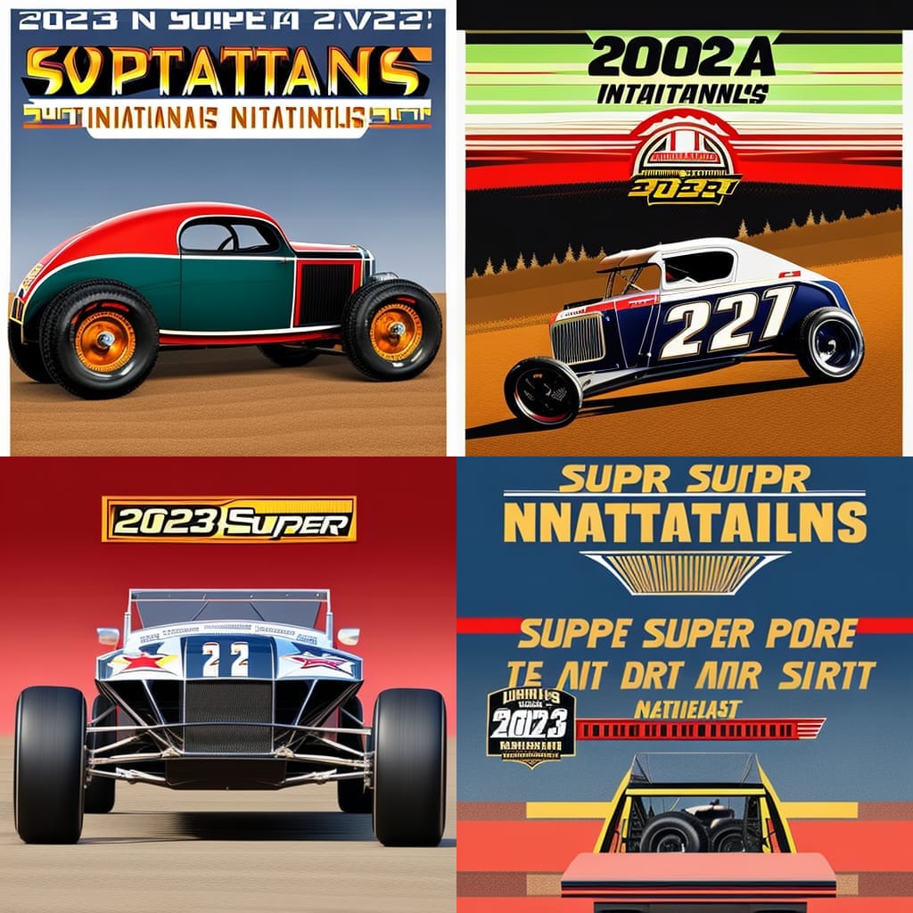 Who's been fiddling around with AI?

Here's an AI generated event poster for the 2023 IMCA Super Nationals. The current AI engines tend to think all race cars have the <a href="/redbull/">Red Bull</a> color schemes.
