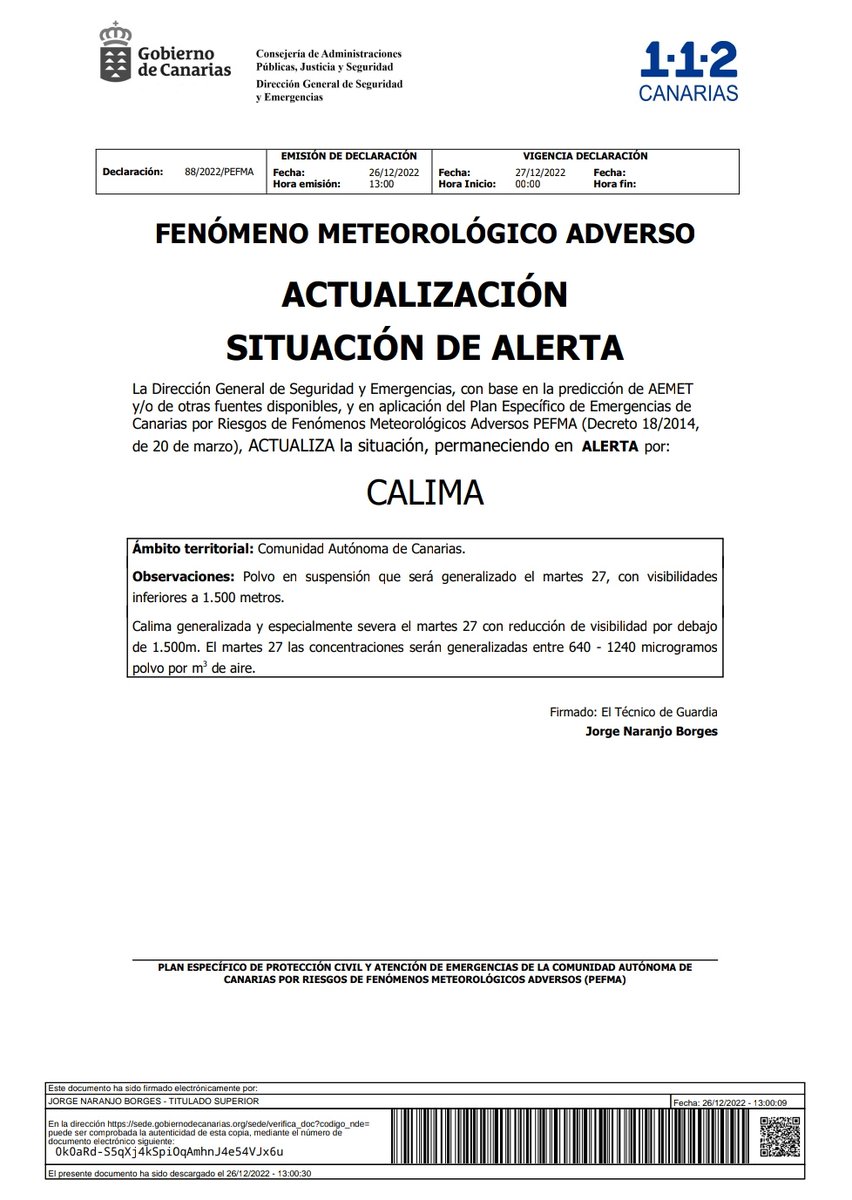 SyELosRealejos's tweet photo. Continúa la situación de #AlertaLluvia declarada por el Gobierno de Canarias en el día de ayer 25/12.
Se suma la situación de #AlertaViento desde las 06:00 h del 27/12 y de #AlertaCalima a partir de 00:00 h del 27/12.
✋Máxima precaución!! https://t.co/s2Lq6HWZJ7