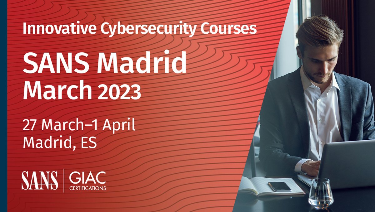 Coming 🔜:  #SANS 🇪🇸 Madrid, March 2023 

🔦 #SANS In-Person Course Spotlight

#FOR508: 🗣️<a href="/dfirfpi/">dfirfpi</a>
#FOR509: 🗣️Korstiaan Stam
#ICS410: 🗣️ <a href="/meeas/">Justin Searle</a>

➕ Search For More Courses: sans.org/u/1oiE

#SANSTraining #EMEA
#CyberSecurityTraining