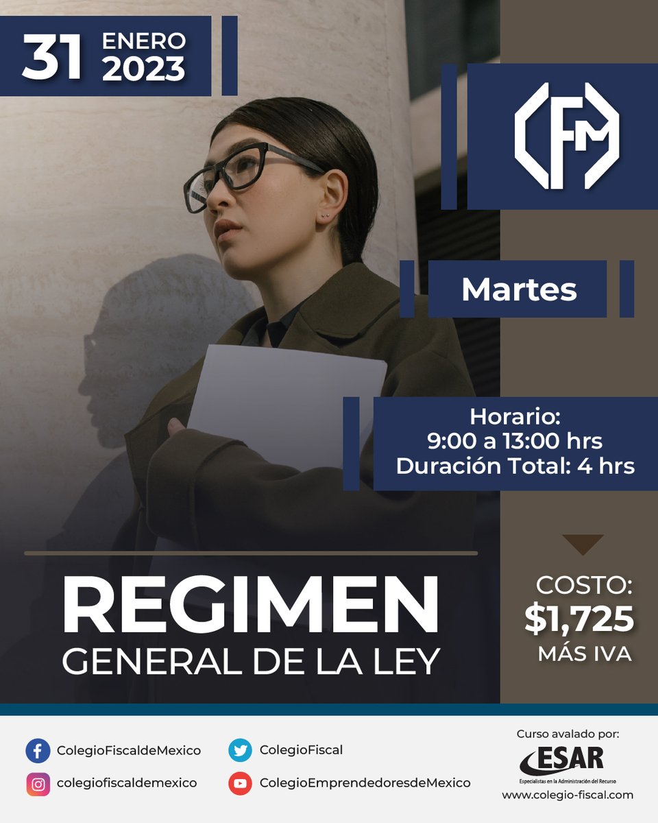 ✨ ¡Inscríbete Ya! ✨

📌 Régimen General de la Ley

🌐 colegio-fiscal.com/producto/regim…

Paga con tu tarjeta de crédito a través de PayPal 💳

#cursos #Fiscal #taller #cursoonline #capacitación #cursos2023 #Capacitate #abogados #Administrador #InscripcionesAbiertas #CupoLimitado #CFM