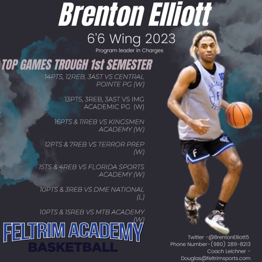 Feltrim Academy Basketball (@feltrimhoops) on Twitter photo Brenton Elliott <a href="/BrentonElliott5/">Brenton Elliott</a> 6’6 Wing from South Carolina has been productive in his 1st semester! A winner wherever he plays, led his team to state championship & been a major factor in our success! He will bring a winning mentality to a college program! #FeltrimAcademy Brenton Elliott <a href="/BrentonElliott5/">Brenton Elliott</a> 6’6 Wing from South Carolina has been productive in his 1st semester! A winner wherever he plays, led his team to state championship & been a major factor in our success! He will bring a winning mentality to a college program! #FeltrimAcademy