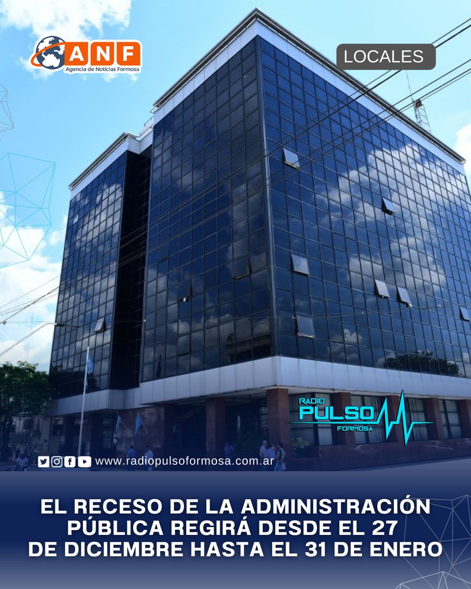 FormosaRadio's tweet photo. 📌 Desde el 27 de diciembre, hasta el 31 de enero, operará el receso administrativo en la Administración Pública Provincial.
❗En este lapso el horario de labor de la Administración Pública será de 08:00 a 12:00 hs.
#receso #administracionpublica #vacaciones #horarios #reducidos https://t.co/sqJhyOugdp