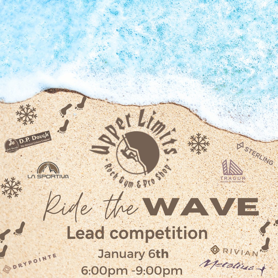 Warm sand, a sea breeze, sunny skies...all things we dream of during midwestern winters. 😂😭
Nothing like an epic lead climbing comp to heat things up! 🔥 Surf's up - Ride the Wave is right around the corner on Jan 6th!  upperlimits.com/bloomington/ri…