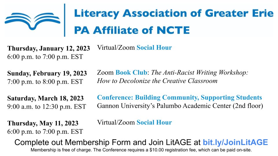 LiteracyAGE's tweet photo. Our first Zoom Social Hour of 2023 will be held on Thursday, January 12 from 6-7pm. Members will receive a Zoom link that week. To join #LitAGE, complete a membership form at https://t.co/hjBrtOAtkO https://t.co/59qdEKGGUb