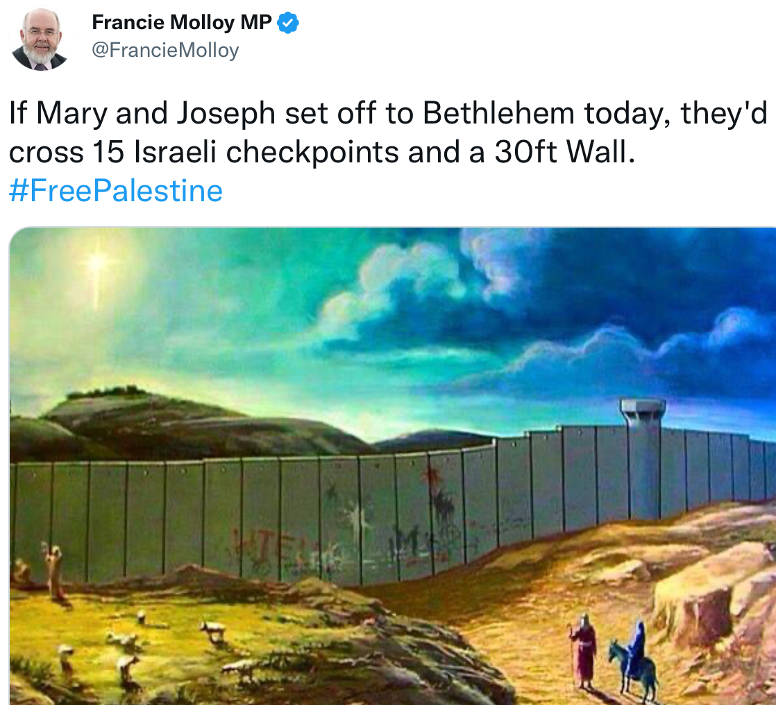 HananyaNaftali's tweet photo. Stupidity has no limits.
If Mary and Joseph (who are Jews by the way) went to Bethlehem today, they'd be surprised it is under Palestinian occupation and would probably ask: "What is this invention called Palestine"? https://t.co/SMb0QNoeDj